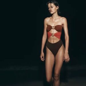 ZARA BANDEAU CUT OUT SWIMSUIT SPIRAL PIECE Brown Orange Gold XS